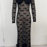 Women's Slim Long Dress Sheer Lace Flower See Through Long-sleeve Off Shoulder Maxi Dress