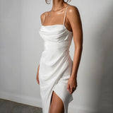 Mermaid Wedding Dress Spaghetti Straps High Slit Satin Backless Plain Bridal Gown Maxi Dress