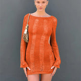 Knitted Bodycon Hollow Out Long Sleeve Beach See Through Striped Party Mini Dress