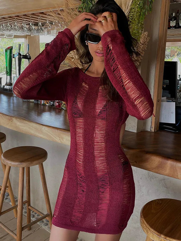 Knitted Bodycon Hollow Out Long Sleeve Beach See Through Striped Party Mini Dress