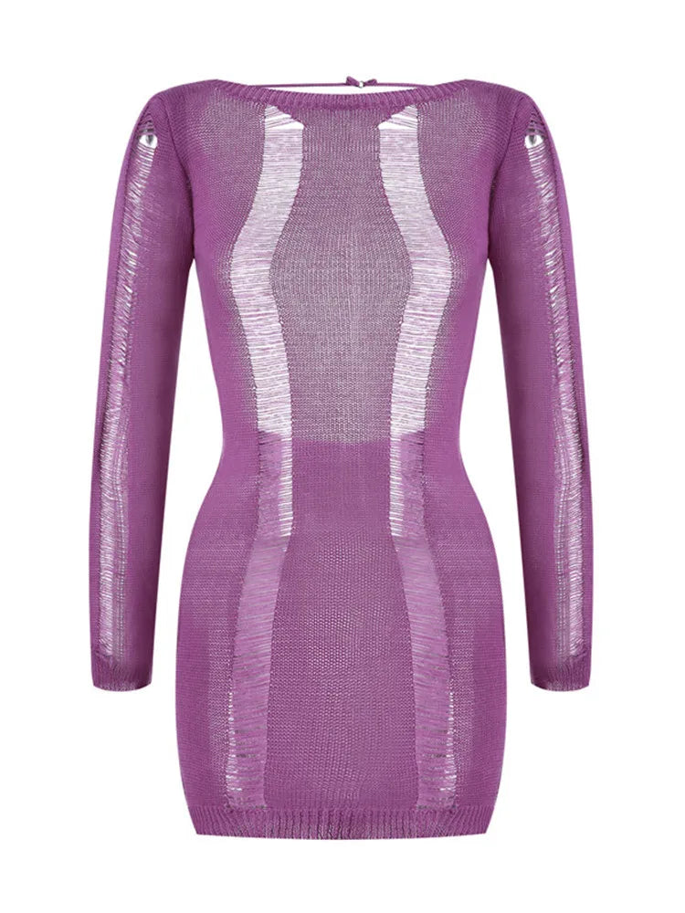 Knitted Bodycon Hollow Out Long Sleeve Beach See Through Striped Party Mini Dress