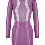 Knitted Bodycon Hollow Out Long Sleeve Beach See Through Striped Party Mini Dress