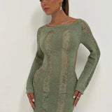 Knitted Bodycon Hollow Out Long Sleeve Beach See Through Striped Party Mini Dress