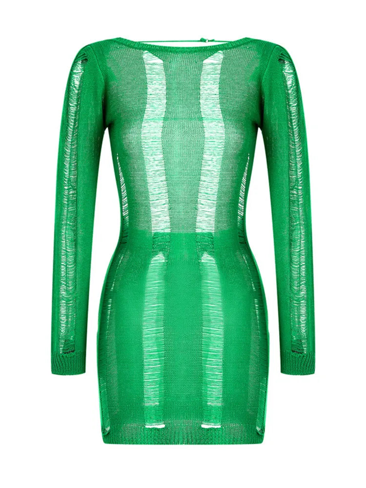 Knitted Bodycon Hollow Out Long Sleeve Beach See Through Striped Party Mini Dress