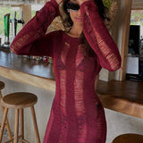 Knitted Bodycon Hollow Out Long Sleeve Beach See Through Striped Party Mini Dress