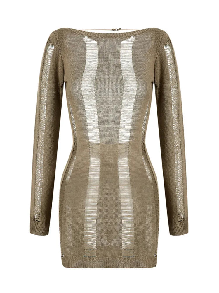 Knitted Bodycon Hollow Out Long Sleeve Beach See Through Striped Party Mini Dress