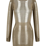 Knitted Bodycon Hollow Out Long Sleeve Beach See Through Striped Party Mini Dress