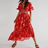 Chiffon Tiered Swing Deep V Neck Puff Sleeve Women's Boho Dress