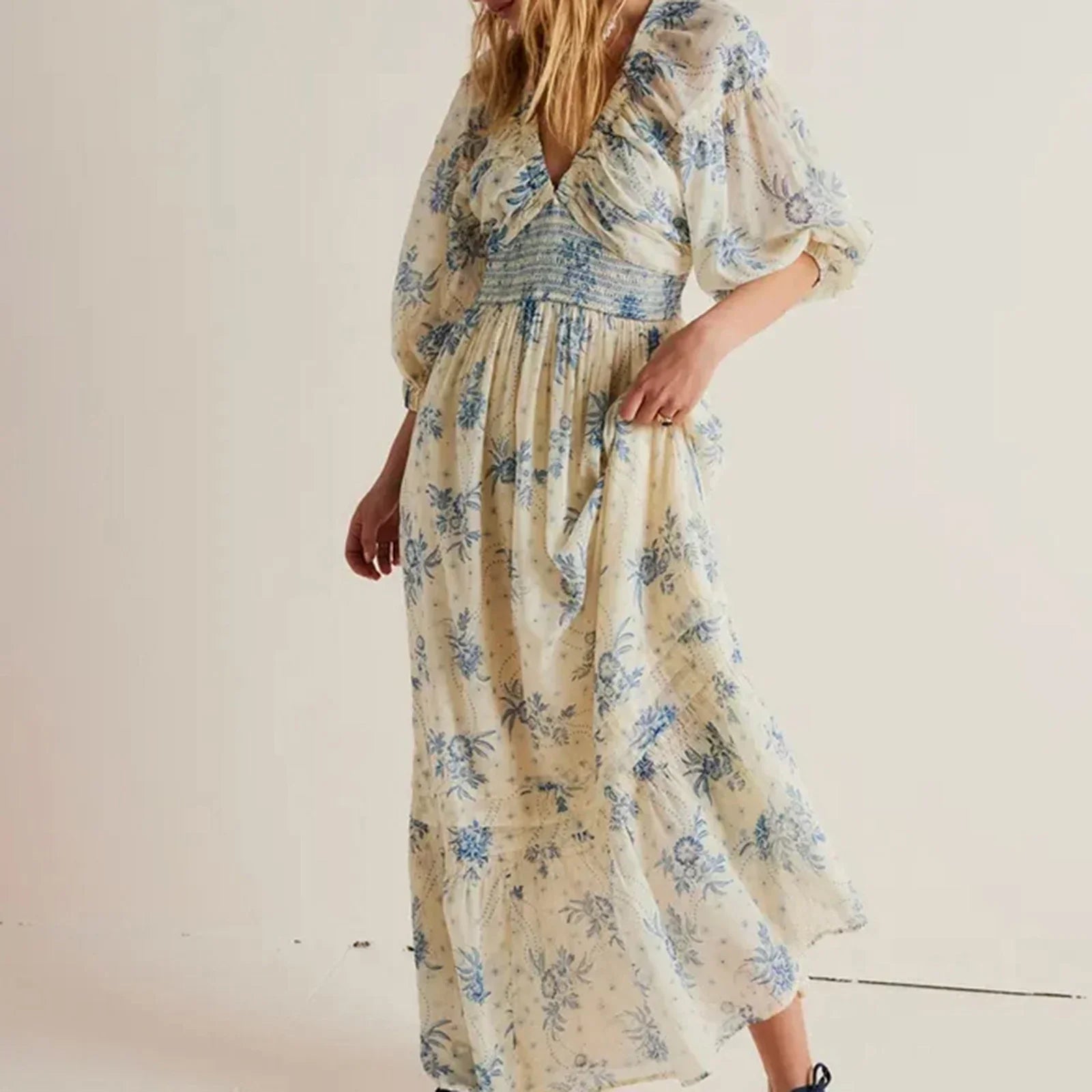 Chiffon Tiered Swing Deep V Neck Puff Sleeve Women's Boho Dress