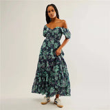 Waist A-Line Neck Tunic Short Puff Sleeve Floral Printed Maxi Boho Dress