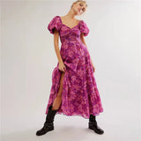 Waist A-Line Neck Tunic Short Puff Sleeve Floral Printed Maxi Boho Dress