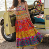 Women Colorful Graffiti Floral Ruffle Cami Summer Boho Flowy Spaghetti Strap Maxi Sun Midi Dress