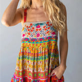 Women Colorful Graffiti Floral Ruffle Cami Summer Boho Flowy Spaghetti Strap Maxi Sun Midi Dress