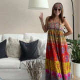 Women Colorful Graffiti Floral Ruffle Cami Summer Boho Flowy Spaghetti Strap Maxi Sun Midi Dress