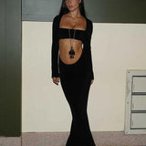 Long Sleeve Sqaure Neck Cut Out Bodycon Wrap Slim Cocktail Party Evening Maxi Dress