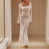 Women Lace Clothes See Through Floral Square Collar Long Sleeve Maxi Dress