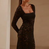 Women Lace Clothes See Through Floral Square Collar Long Sleeve Maxi Dress