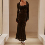 Women Lace Clothes See Through Floral Square Collar Long Sleeve Maxi Dress