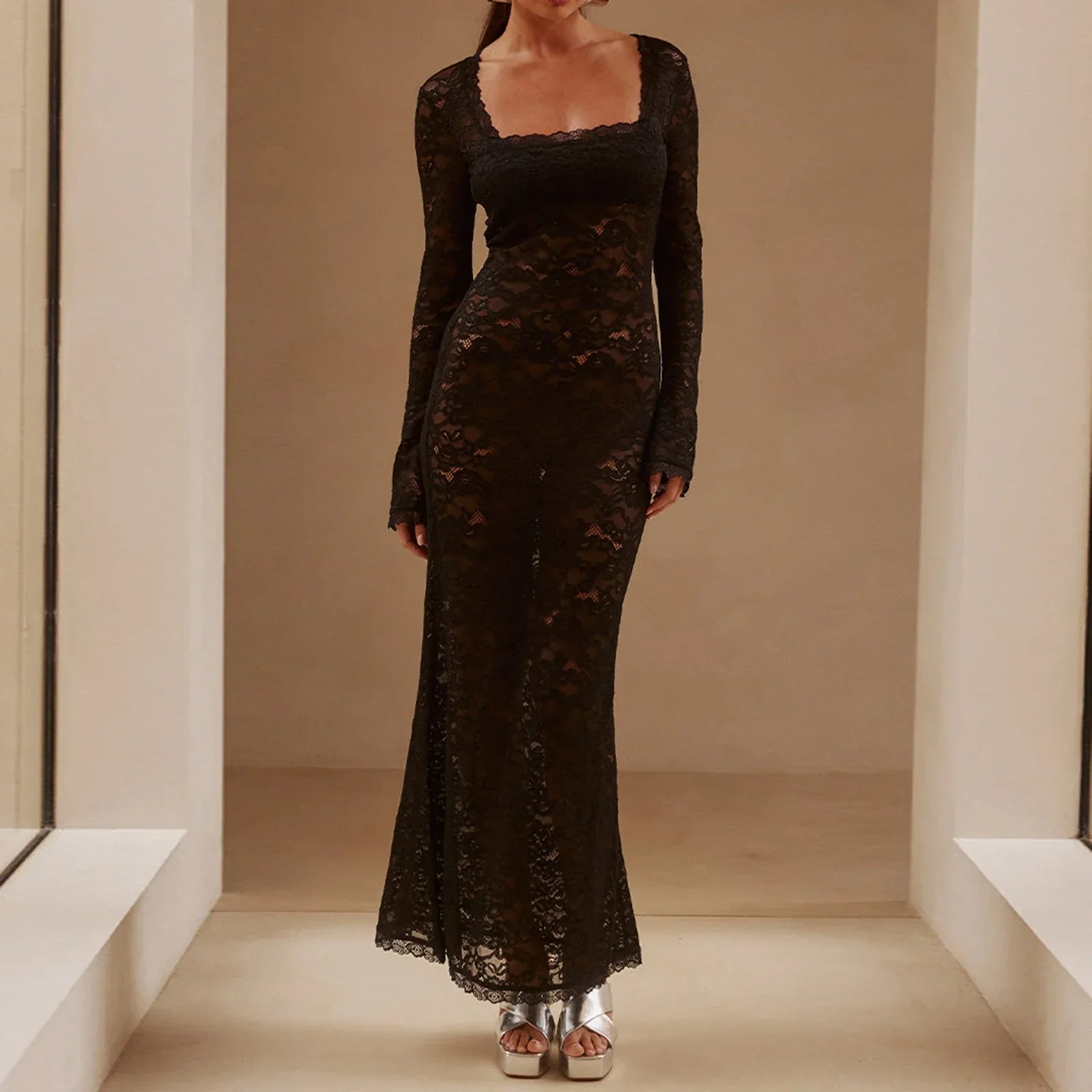 Women Lace Clothes See Through Floral Square Collar Long Sleeve Maxi Dress