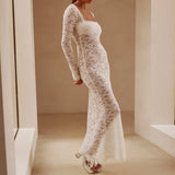 Women Lace Clothes See Through Floral Square Collar Long Sleeve Maxi Dress