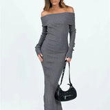 Color Slit Hem Casual Long Sleeve Knitted Party Dress Beach Cocktail Club Streetwear Maxi Dress
