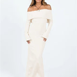 Color Slit Hem Casual Long Sleeve Knitted Party Dress Beach Cocktail Club Streetwear Maxi Dress