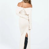 Color Slit Hem Casual Long Sleeve Knitted Party Dress Beach Cocktail Club Streetwear Maxi Dress