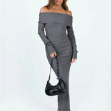Color Slit Hem Casual Long Sleeve Knitted Party Dress Beach Cocktail Club Streetwear Maxi Dress