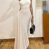 Women One Shoulder Sleeveless Long Smocked High Waist Flowy Pleated Bodycon Gown Maxi Dress