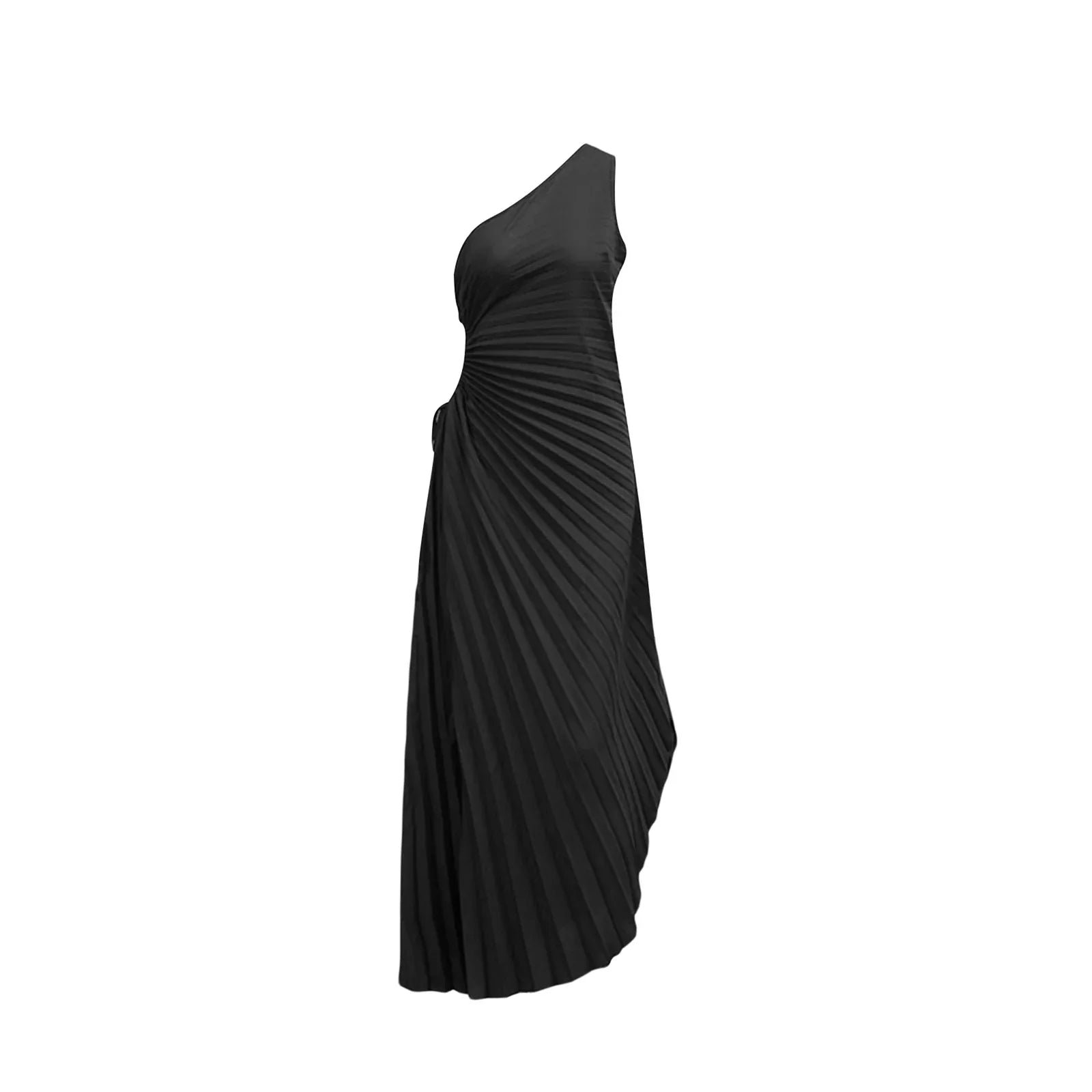 Women One Shoulder Sleeveless Long Smocked High Waist Flowy Pleated Bodycon Gown Maxi Dress