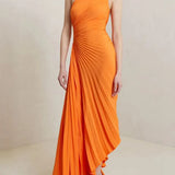 Women One Shoulder Sleeveless Long Smocked High Waist Flowy Pleated Bodycon Gown Maxi Dress