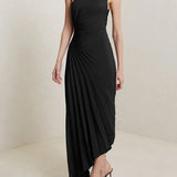 Women One Shoulder Sleeveless Long Smocked High Waist Flowy Pleated Bodycon Gown Maxi Dress