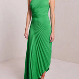 Women One Shoulder Sleeveless Long Smocked High Waist Flowy Pleated Bodycon Gown Maxi Dress