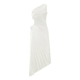 Women One Shoulder Sleeveless Long Smocked High Waist Flowy Pleated Bodycon Gown Maxi Dress