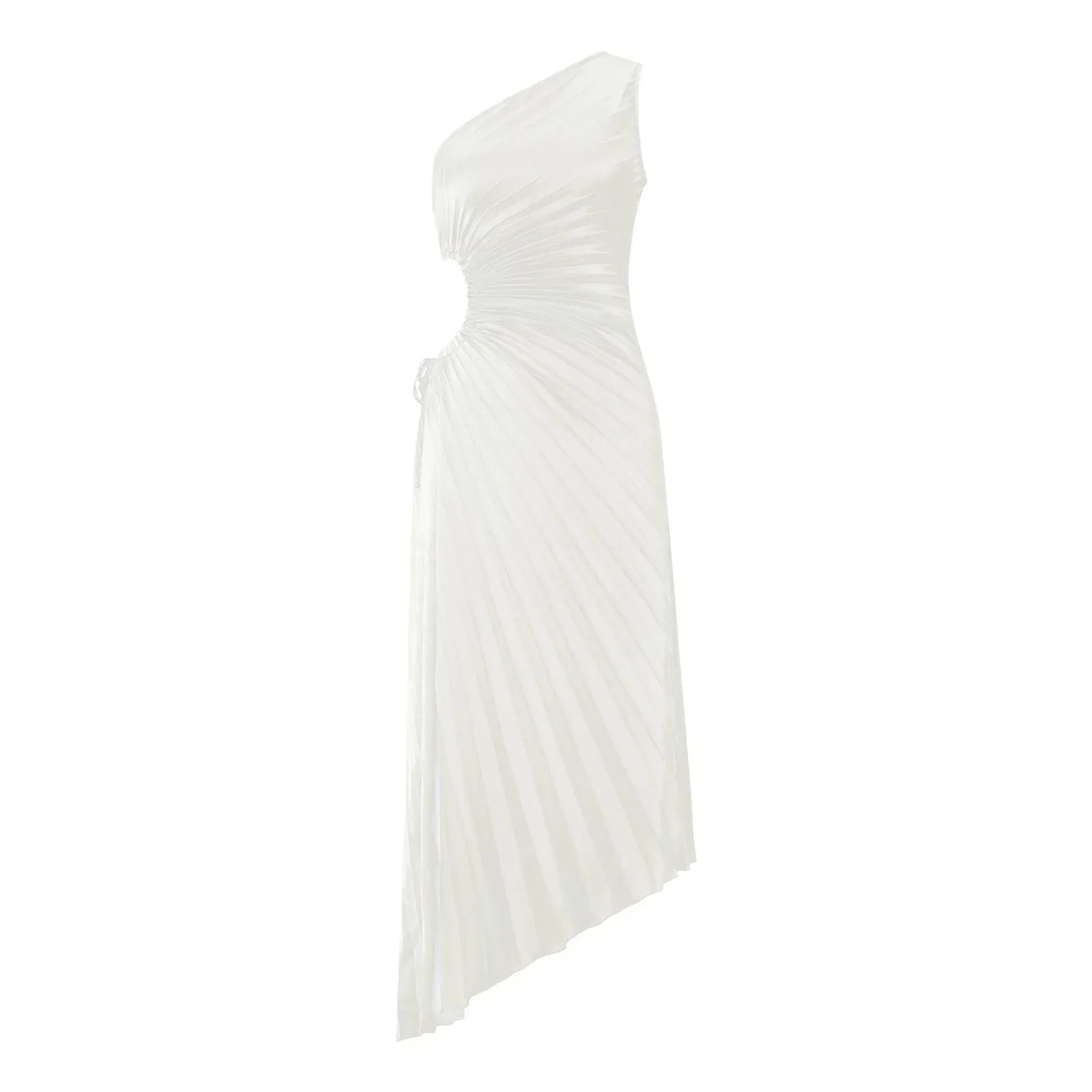 Women One Shoulder Sleeveless Long Smocked High Waist Flowy Pleated Bodycon Gown Maxi Dress