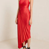 Women One Shoulder Sleeveless Long Smocked High Waist Flowy Pleated Bodycon Gown Maxi Dress