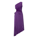 Women One Shoulder Sleeveless Long Smocked High Waist Flowy Pleated Bodycon Gown Maxi Dress