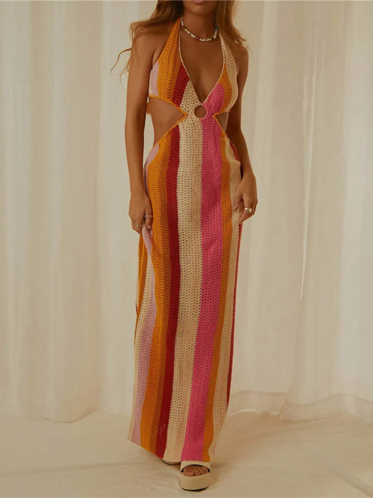 Cutout Knitted Long Crochet Backless Spaghetti Strap Bodycon Maxi Dress