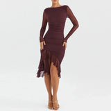 Women Hem Mermaid Bodycon Mesh Long Sleeve Tail Spring Fall Cocktail Elegant Vestidos Midi Dress