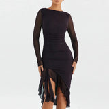 Women Hem Mermaid Bodycon Mesh Long Sleeve Tail Spring Fall Cocktail Elegant Vestidos Midi Dress