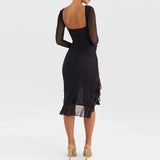 Women Hem Mermaid Bodycon Mesh Long Sleeve Tail Spring Fall Cocktail Elegant Vestidos Midi Dress