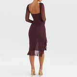 Women Hem Mermaid Bodycon Mesh Long Sleeve Tail Spring Fall Cocktail Elegant Vestidos Midi Dress
