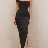 Women Satin Bodycon Tube Dress Sleeveless Ruched Spring Fall Summer Party Club Evening Gown Maxi Dress
