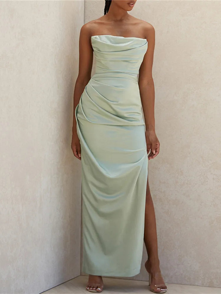 Women Satin Bodycon Tube Dress Sleeveless Ruched Spring Fall Summer Party Club Evening Gown Maxi Dress