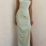 Women Satin Bodycon Tube Dress Sleeveless Ruched Spring Fall Summer Party Club Evening Gown Maxi Dress