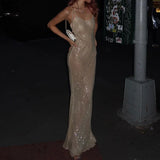 V Neck Sleeveless Backless Vestidos Female Elegant Evening Party Robe Maxi Dress