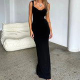 Women Backless Bodycon Spring Scoop Neck Bow Tie Open Back Party Cocktail Maxi Dress