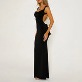 Women Backless Bodycon Spring Scoop Neck Bow Tie Open Back Party Cocktail Maxi Dress