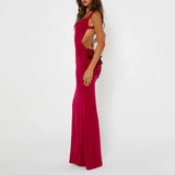 Women Backless Bodycon Spring Scoop Neck Bow Tie Open Back Party Cocktail Maxi Dress