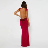 Women Backless Bodycon Spring Scoop Neck Bow Tie Open Back Party Cocktail Maxi Dress